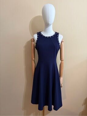 Adrienne Vittadini Studio Navy Blue Studded Fit & Flare Dress, Size 4